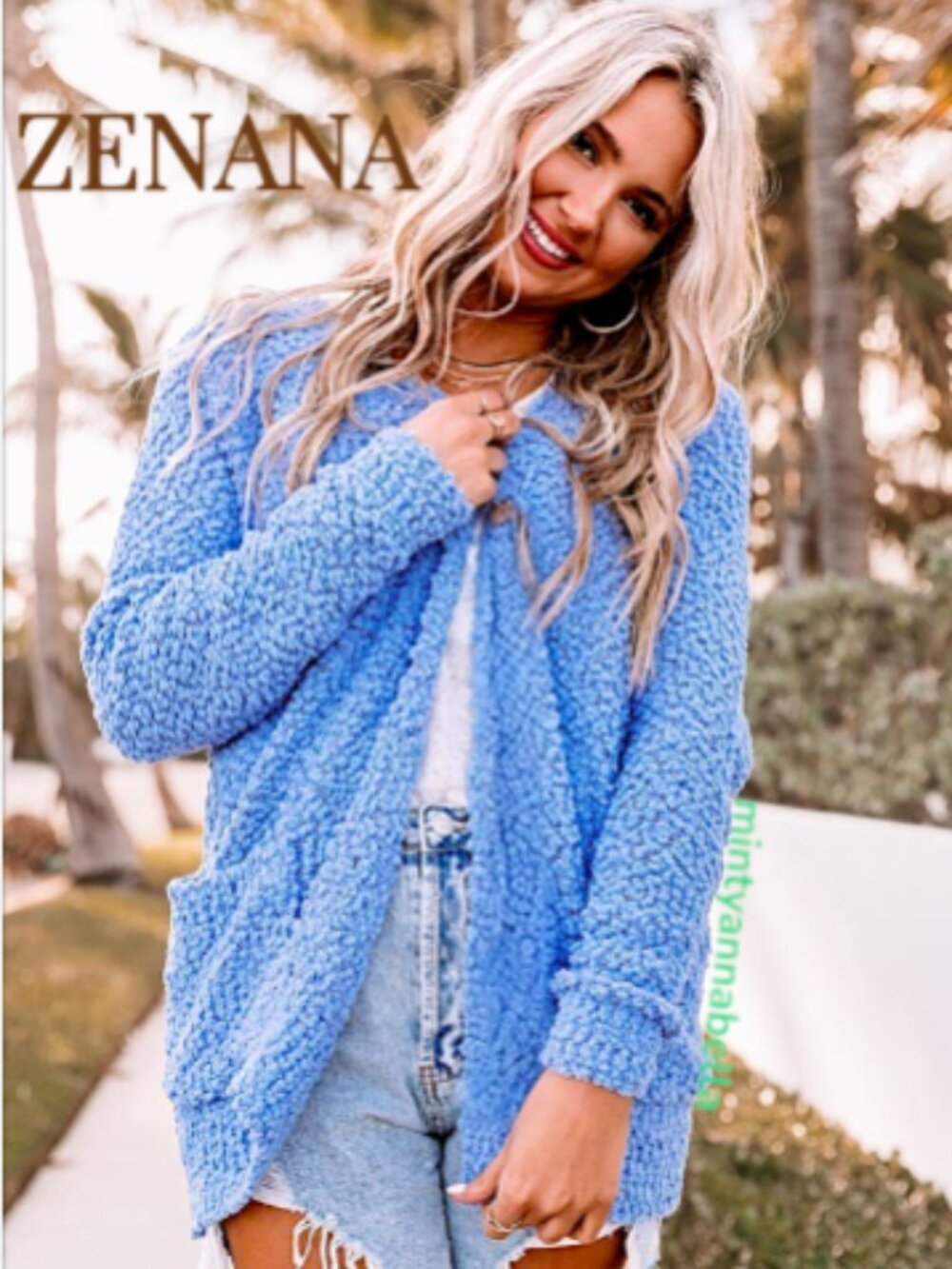 Zenana Premium Cozy Textured Blue Popcorn Knit Open Cardigan